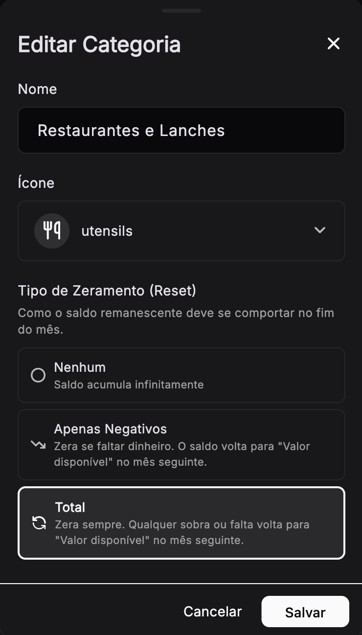 Opções de categoria