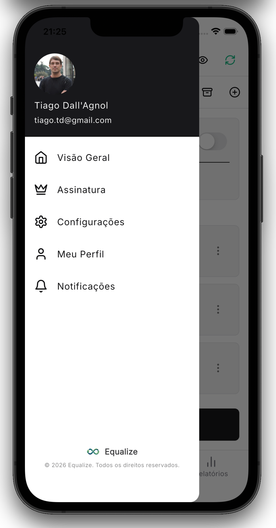 Interface do Equalize no celular