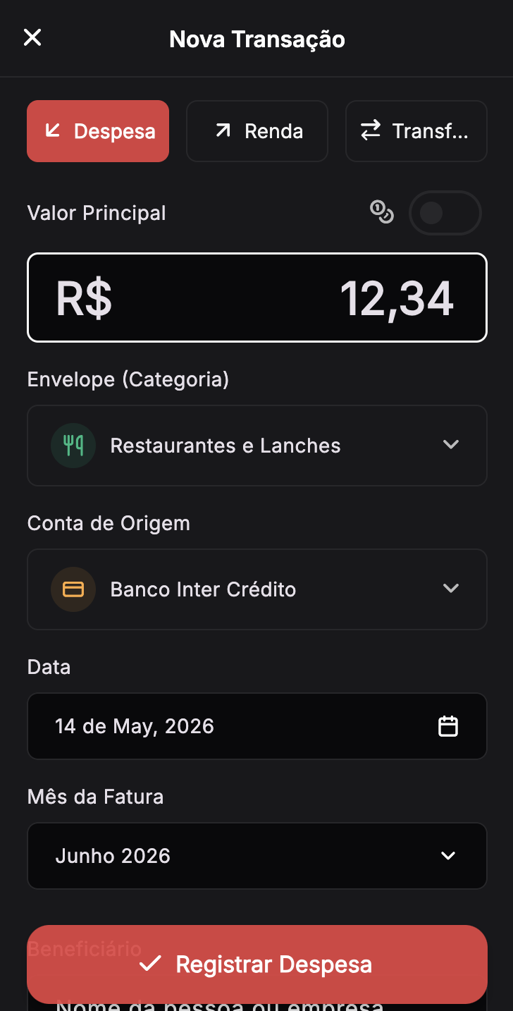 Formulário Nova Transação em modo Despesa, primeira parte