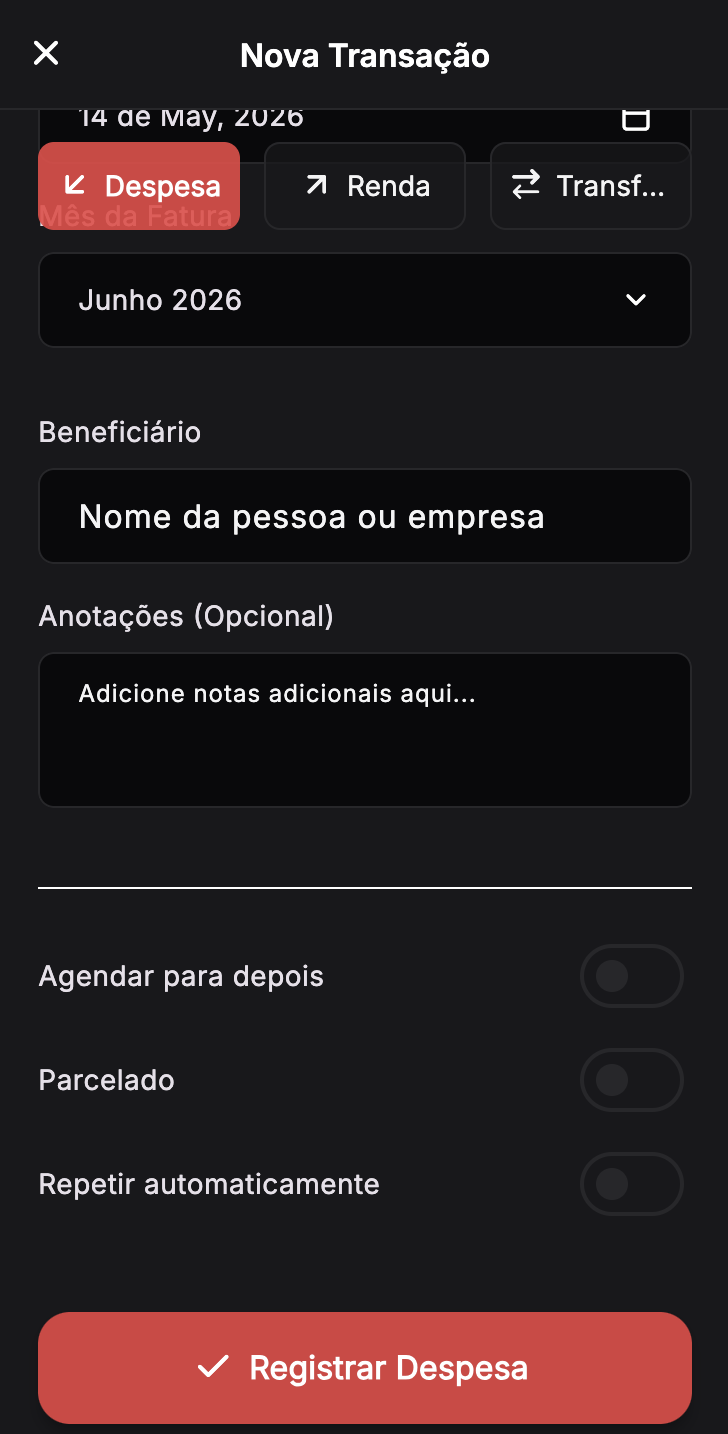 Formulário Nova Transação em modo Despesa, segunda parte