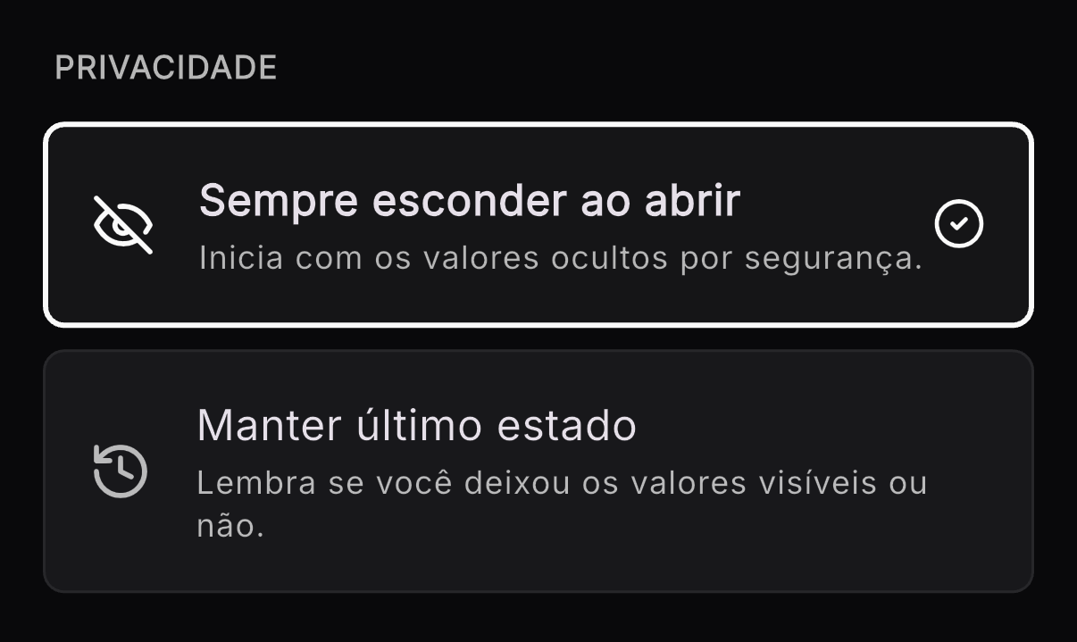 Ocultar valores no aplicativo