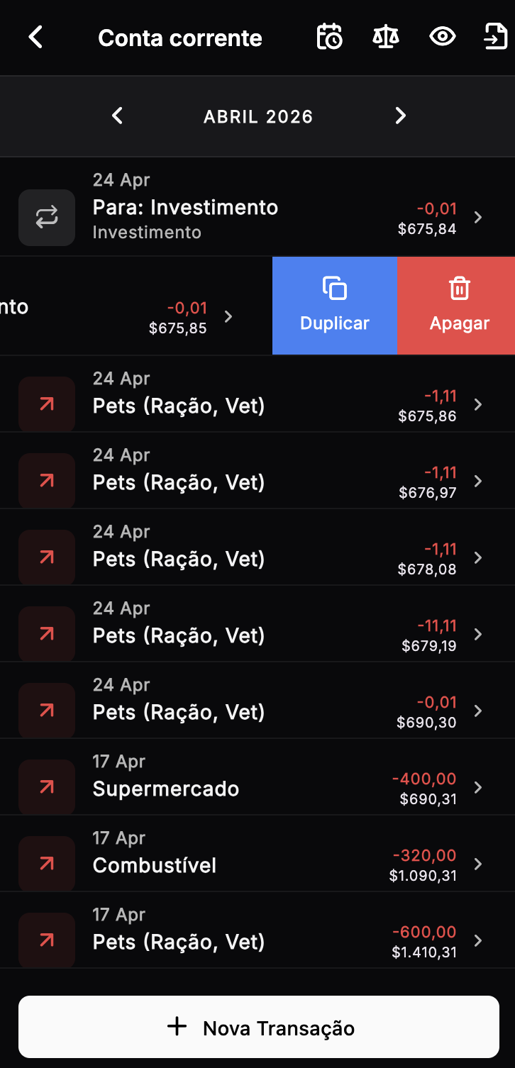 Ações reveladas ao arrastar no mobile